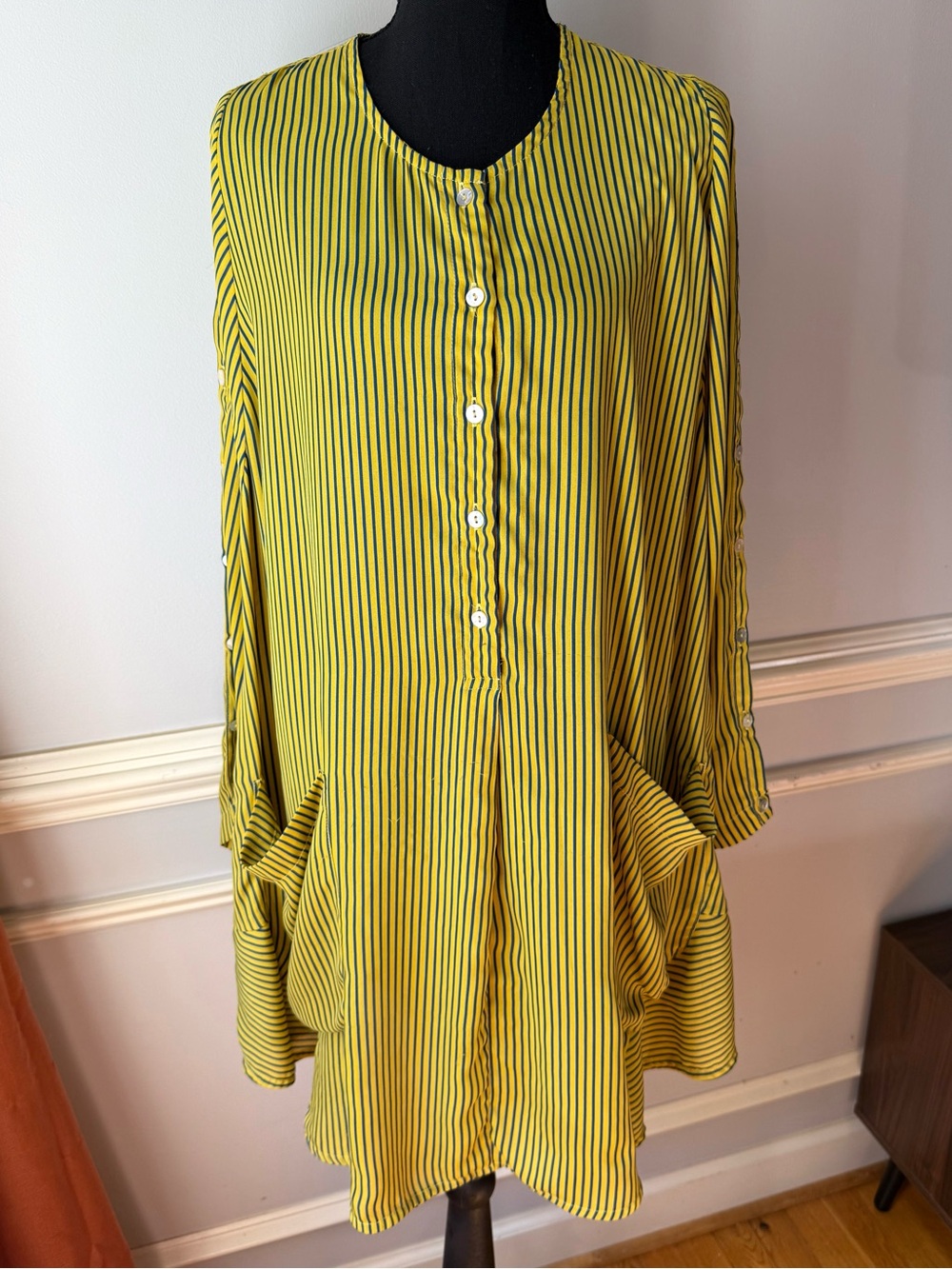 Alembika M Yellow Blue Striped Oversized Tunic Dress Lagenlook Pockets